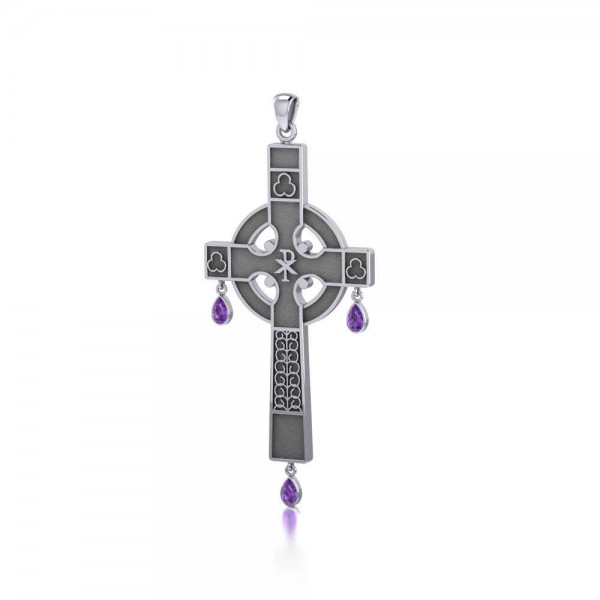 Medieval Celtic Cross Silver Pendant with Gemstones