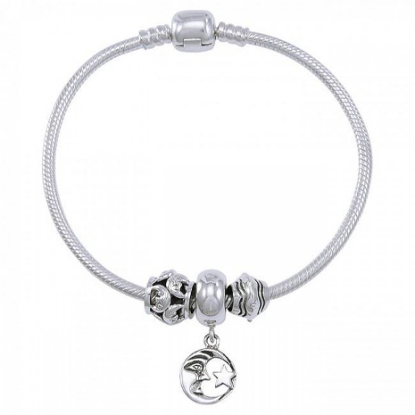 Moon and Star Sterling Silver Bead Bracelet