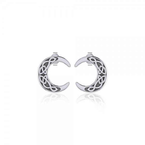 Celtic Crescent Moon Silver Post Earrings