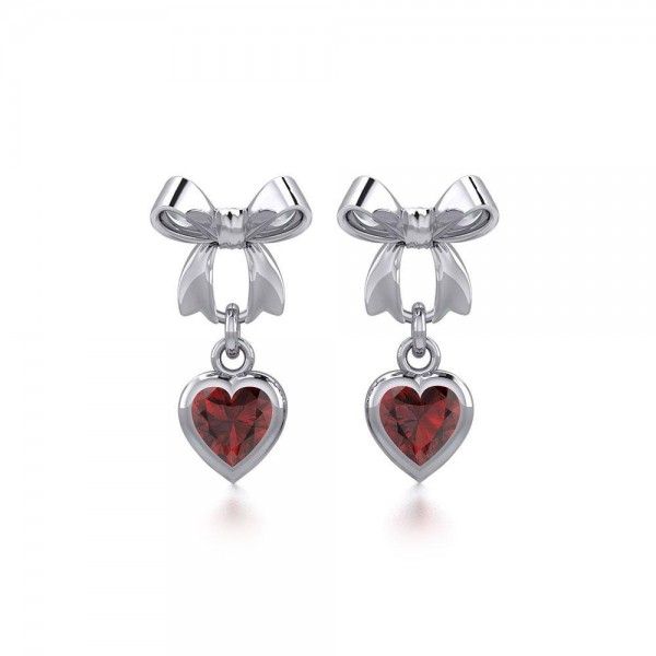 Ribbon with Dangling Gemstone Heart Silver Post Earrings