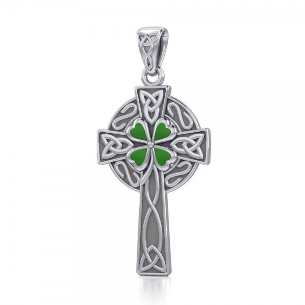 Silver Celtic Cross with Enamel Clover Pendant