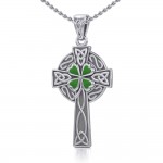 Silver Celtic Cross with Enamel Clover Pendant