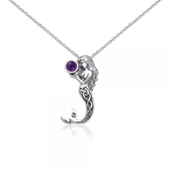 Silver Celtic Mermaid Gemstone Pendant and Chain Set by Selina Fenech