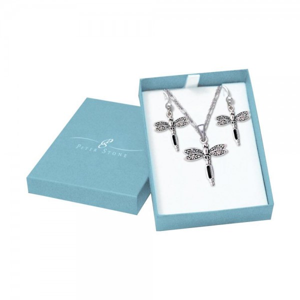 Silver Dragonfly with Inlay Stone Pendant Earrings with Free Chain Jewelry Gift Box Set