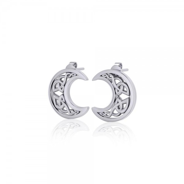 Hollow Celtic Crescent Moon Silver Post Earrings