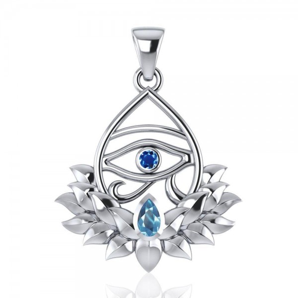Eye of Horus and Lotus with Gemstone Silver Pendant