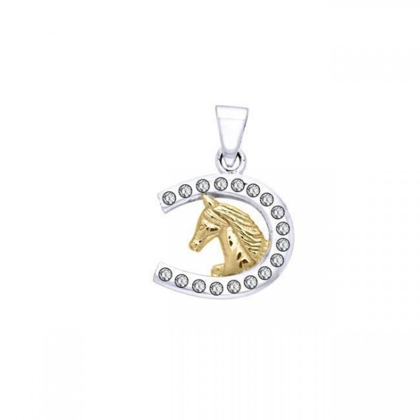 Fer à cheval et cheval avec pendentif gemmes en argent et en or