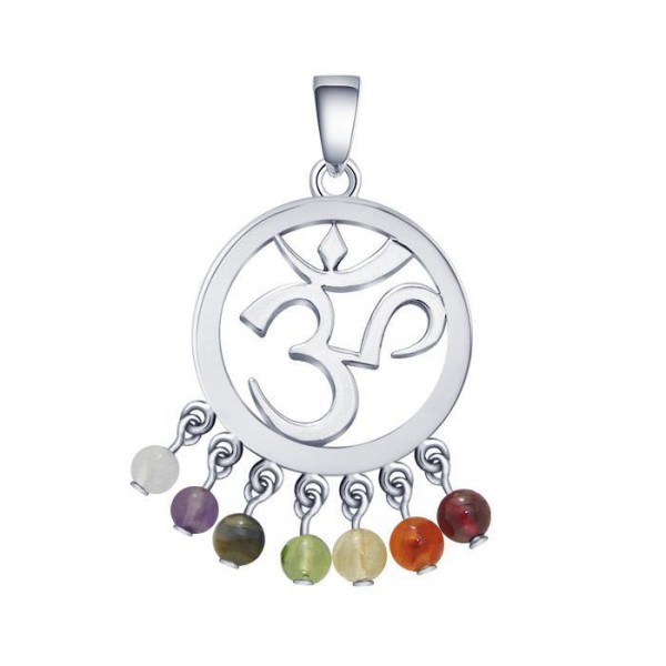 Om Symbol Sterling Silver Pendant with Chakra Beads