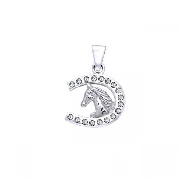 Horseshoe and Horse with Gems Silver Pendant
