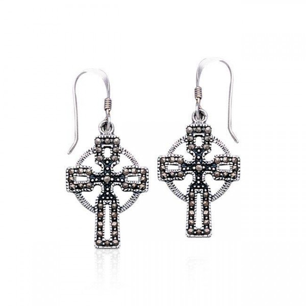 Croix celtique avec boucles d’oreilles en argent sterling Marcasite