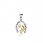 Horseshoe and Running Horse with Gems Silver and Gold Pendant