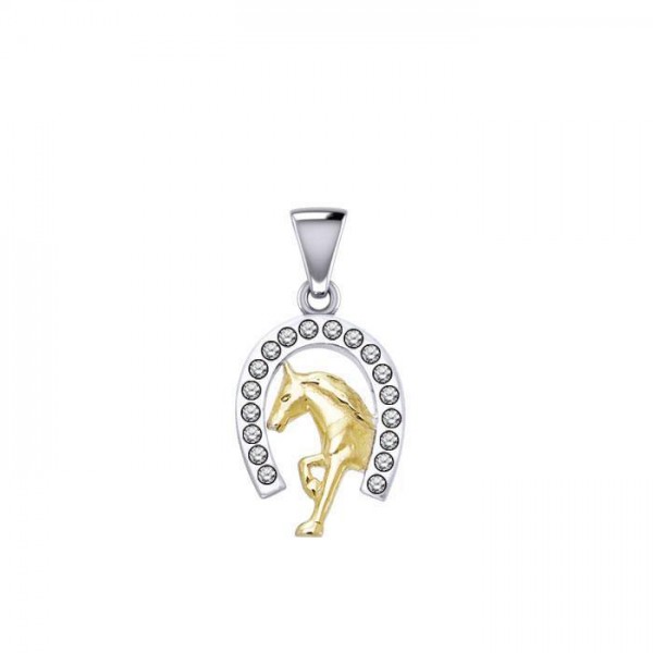 Fer à cheval et cheval de course avec pendentif gemmes en argent et en or