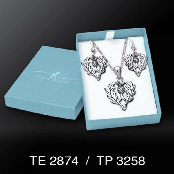 Scottish Thistle Silver Pendant Earrings with Free Chain Jewelry Gift Box Set