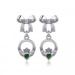 Ribbon with Dangling Gemstone Claddagh Silver Post Earrings