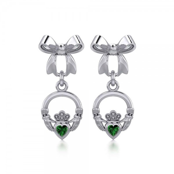 Ribbon with Dangling Gemstone Claddagh Silver Post Earrings