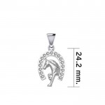 Horseshoe and Running Horse with Gems Silver Pendant