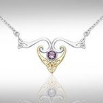 The elegance of Celtic Heritage ~ Sterling Silver Celtic Triquetra Necklace Jewelry with 14k Gold accent and Gemstone