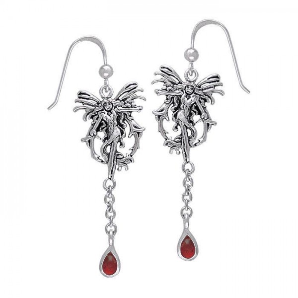 Amy Brown Sterling Silver Fire Element Fairy Dangle Earrings with Gemstone