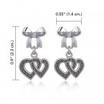 Ribbon with Dangling Marcasite Double Heart Silver Post Earrings