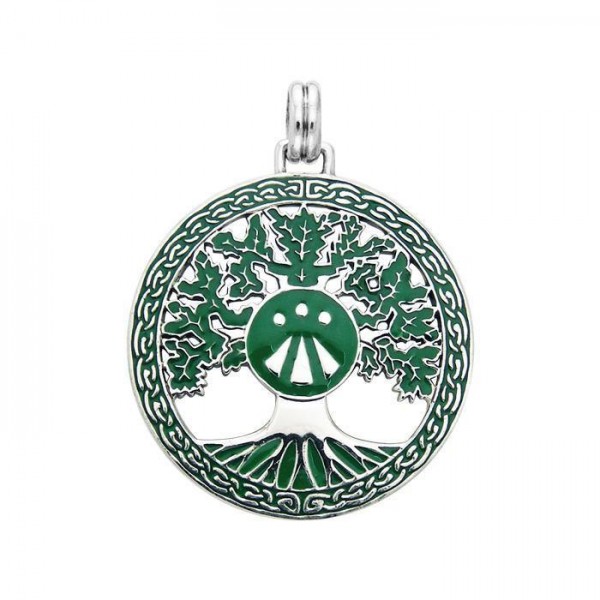 Pendentif en chêne druide en argent avec émail vert