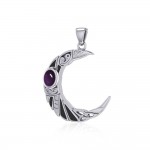 The Celtic Moon Raven Silver Pendant with Gemstone