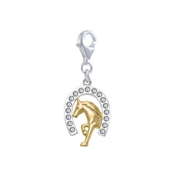 Horseshoe and Running Horse with Gems Silver and Gold Clip Charm