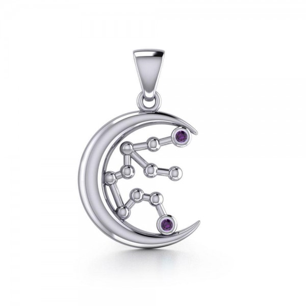 Crescent Moon and Aquarius Astrology Constellation Silver Pendant
