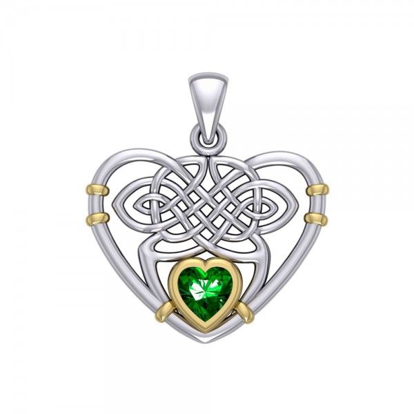A never-ending weave of eternity in love ~ Celtic Knotwork Heart Sterling Silver Pendant with 14k Gold Accent and Gemstone