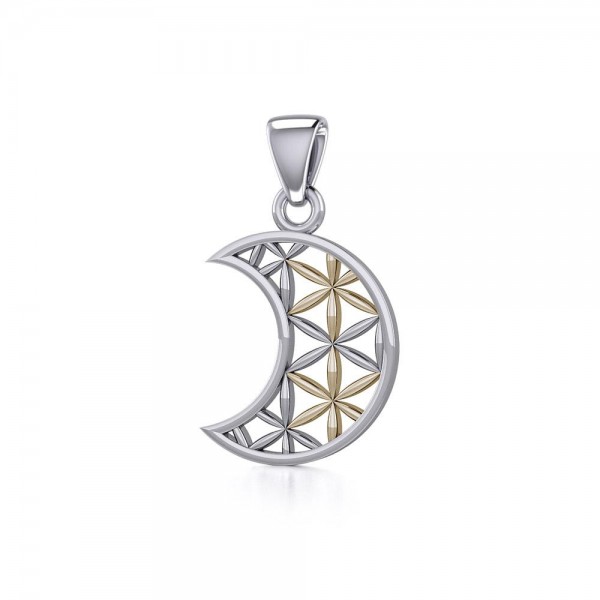 The Flower of Life in Crescent Moon Silver and Gold Pendant