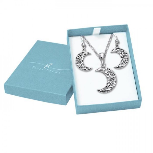 Celtic Crescent Moon with Star Silver Pendant Earrings with Free Chain Jewelry Gift Box Set