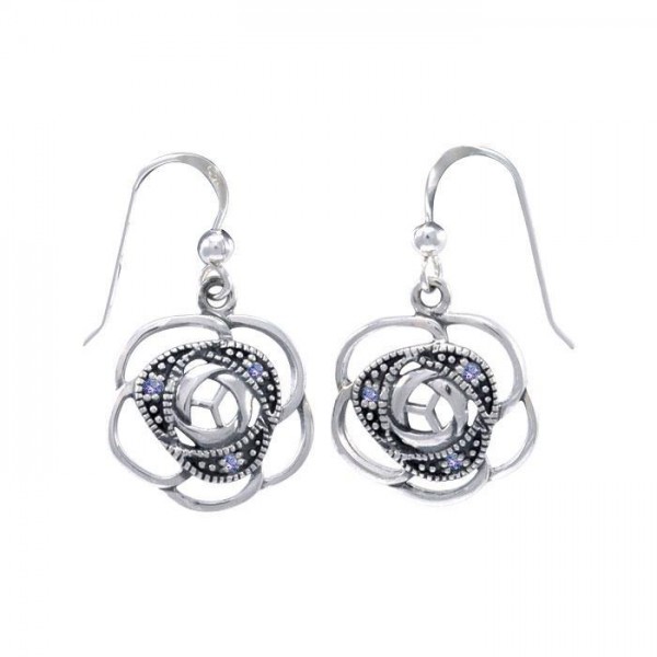 Blooming Rose Silver Earrings with Gems