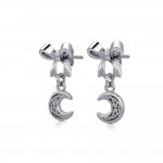 Ribbon with Dangling Celtic Crescent Moon Silver Post Earrings