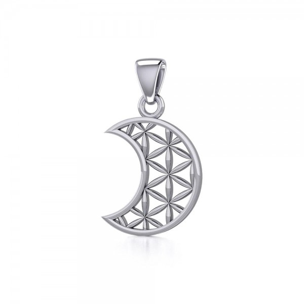 The Flower of Life in Crescent Moon Silver Pendant