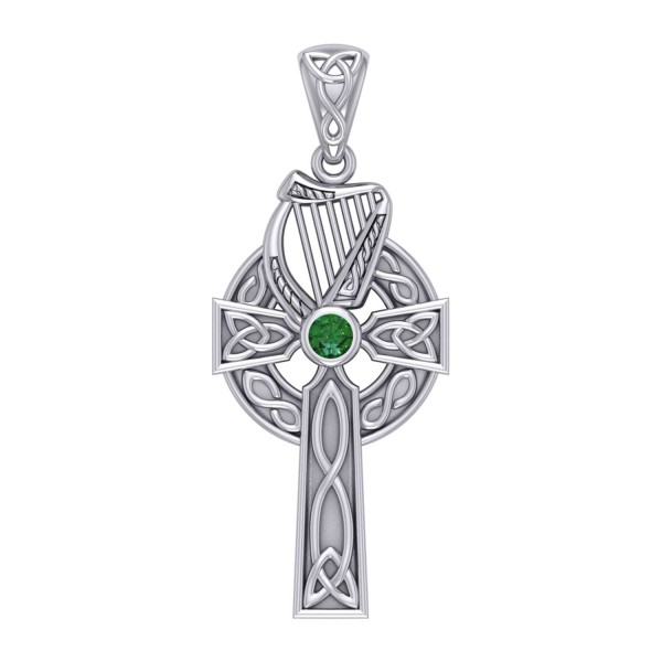 Celtic Knotwork Silver Cross with Harp Pendant