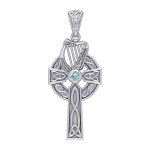 Celtic Knotwork Silver Cross with Harp Pendant
