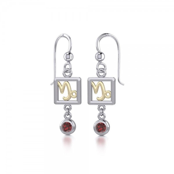 Capricorn Zodiac Sign Silver and Gold Earrings Jewelry with Garnet