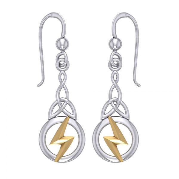 Zeus God Lightning Bolt with Celtic Trinity Knot Silver and Gold Earrings