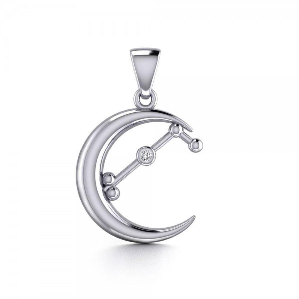 Crescent Moon and Aries Astrology Constellation Silver Pendant