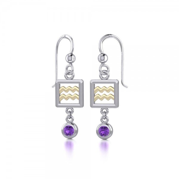 Aquarius Zodiac Sign Silver and Gold Earrings Jewelry with Amethyst