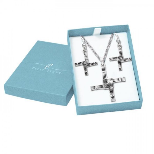 Saint Brigid Cross Silver Pendant Earrings with Free Chain Jewelry Gift Box Set