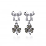 Ribbon with Dangling Marcasite Lucky Four Leaf Clover Silver Post Earrings