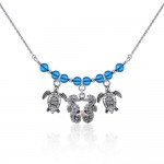 Double Seahorse and Turtles Silver Bead Necklace
