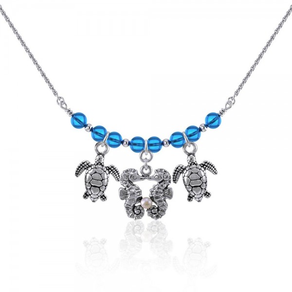 Double Seahorse et Tortues Collier de Perles d’Argent
