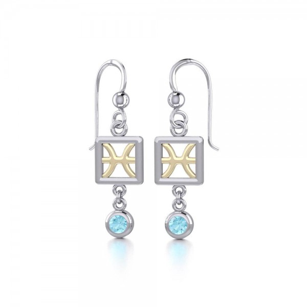 Pisces Zodiac Sign Silver and Gold Earrings Jewelry with Aquamarine
