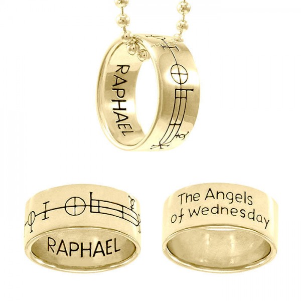 Archangel Raphael Sigil 14 Karat Solid Gold Ring with Ball Chain