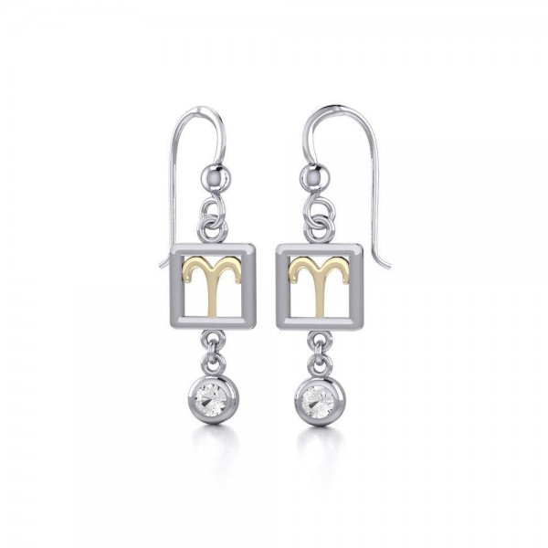 Aries Zodiac Sign Silver and Gold Earrings Jewelry with White Stone