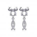 Ribbon with Dangling Christian Fish Silver Post Earrings