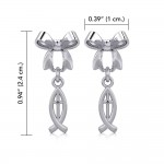 Ribbon with Dangling Christian Fish Silver Post Earrings