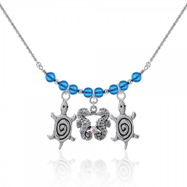 Double Seahorse and Spiral Turtles Silver Bead Necklace