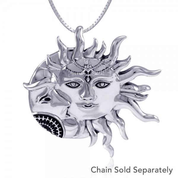 Sun and Crescent Moon Sterling Silver Pendant